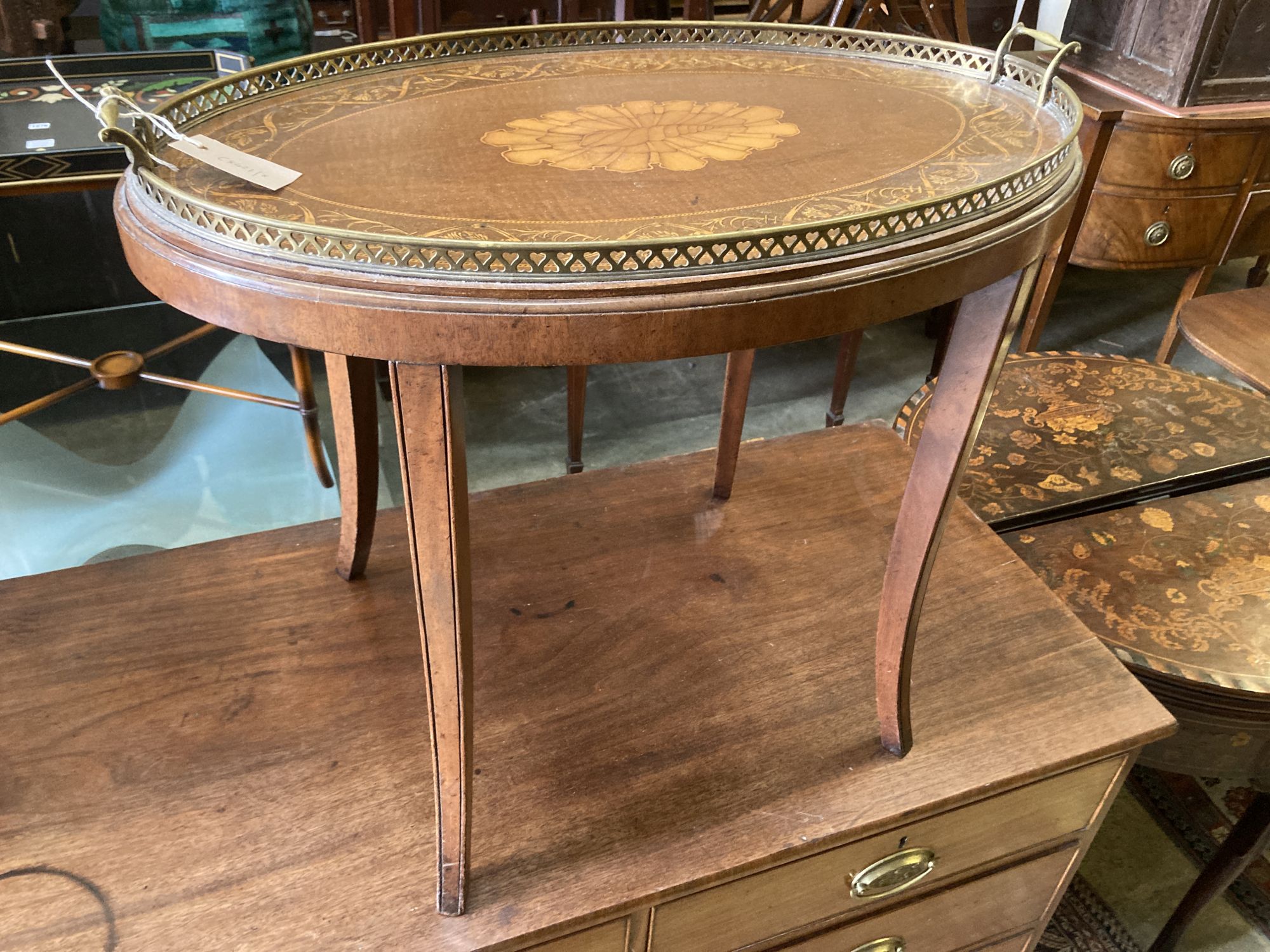 An Edwardian inlaid oval tray, on later stand, width 70cm depth 46cm height 57cm